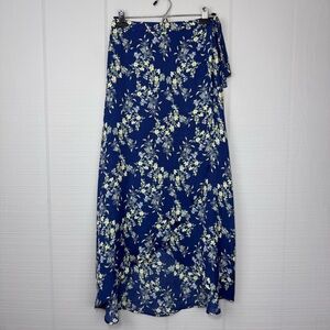 Blue Rain Midi Wrap Skirt Yellow and Purple Floral Print Bow Side Tie Size S